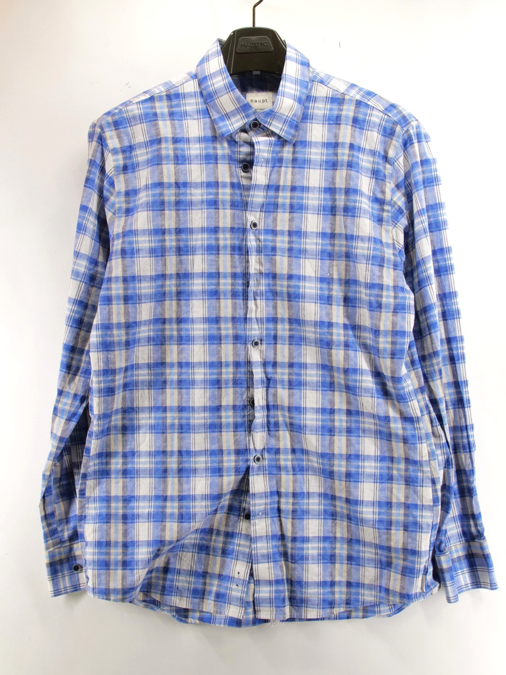HAUPT Modern Fit Long Sleeve Button Up Mens Large 16.5 41/42 Blue Plaid Pixels